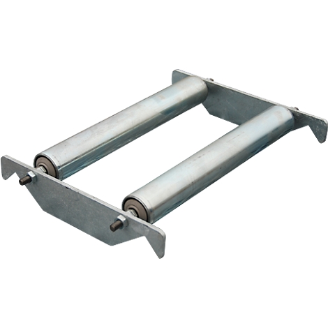 Metal roller construction, view from above, on a white background. Two cylindrical rollers are connected by metal plates.