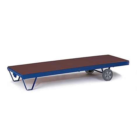 Blue metal frame with brown loading area, two gray wheels on it. Background white.