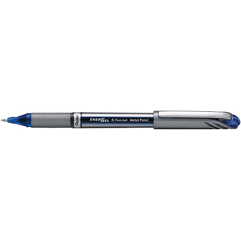 A silver ballpoint pen with a blue ink section and clip, presented in a half-side view. The pen has a gray shaft and a blue ink section.