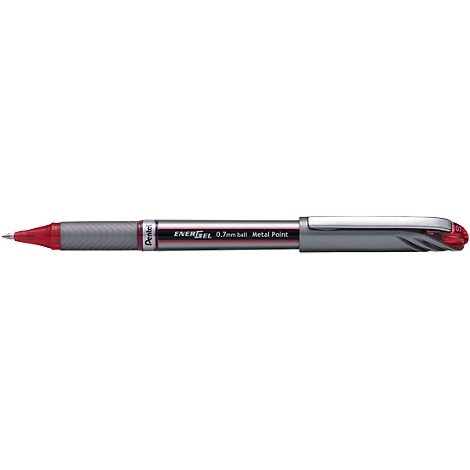 A red ballpoint pen with a gray case, showing the pen in detail.