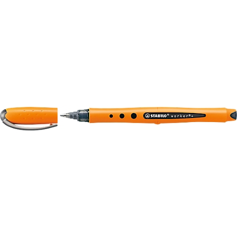 An orange highlighter with a black tip and the inscription "STABILO worker".