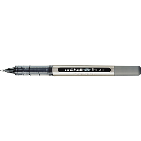 Close-up of a black ballpoint pen with a gray barrel. The pen has the words "uni-ball fine UB-157" printed on it.
