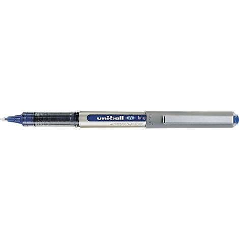 A blue pen, the Uni-Ball Eye Fine. The brand name is on the barrel.