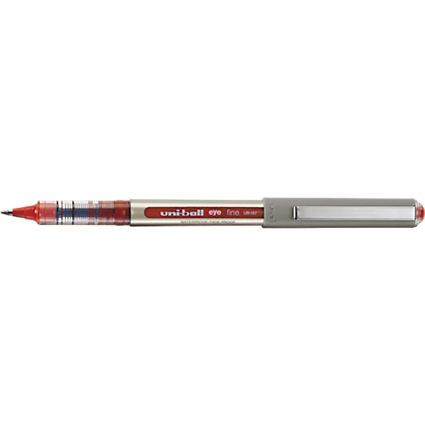A red ballpoint pen lies horizontally. The shaft is gray, the tip red. The brand name is on the shaft.