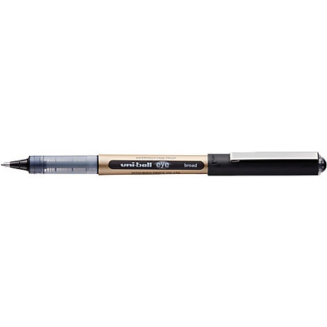 Close-up of a black Uniball pen. The pen has a black barrel and a transparent grip section.