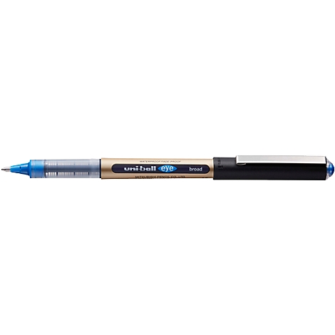 A pen called Uni-Ball Eye, blue writing end, black shaft, gold-colored body, printed.