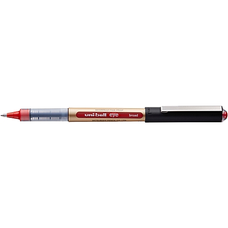 Close-up of a red Uni-ball Eye Fine ballpoint pen. The barrel is beige with red text. The cap is black with a red accent.