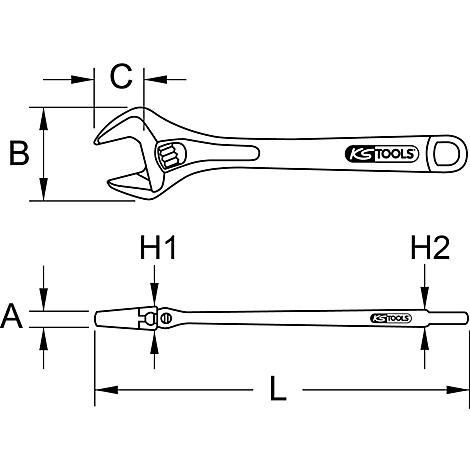 Zeichnung eines verstellbaren Schraubenschlüssels mit Bemaßung. Oben: Schraubenschlüssel von oben. Unten: Schraubenschlüssel von der Seite.