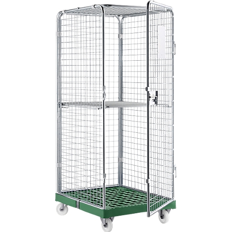 An empty metal roll container with green base and wheels, the door is open.