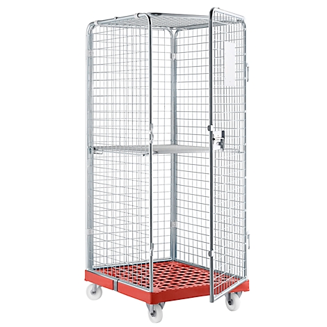 Metal transport cart with a red base, mesh walls, and wheels. The door is open.