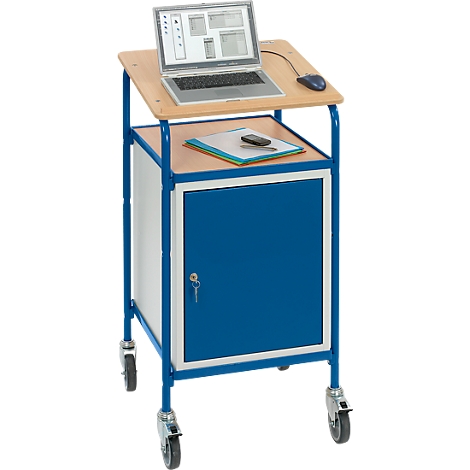 Blue presentation cart with wooden top, laptop, mouse, storage compartment, paper, and remote.
