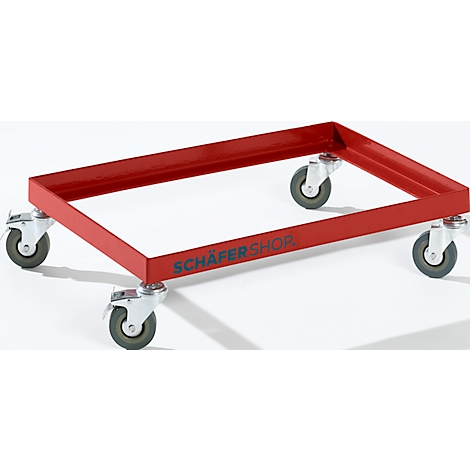 Red rolling cart with four wheels. The inscription "SCHÄFERSHOP" is attached to the side.