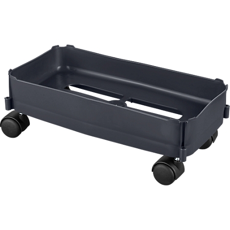 Dark gray PC tower stand with four casters.