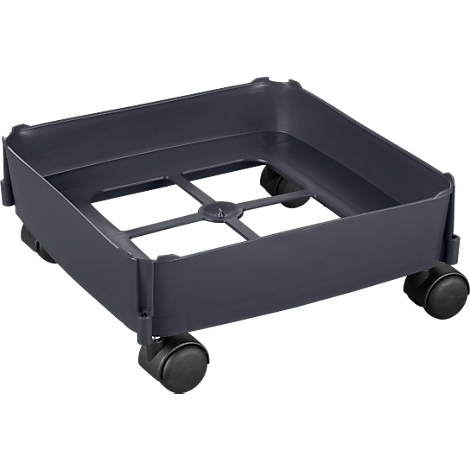 Dark gray PC tower stand on wheels. Rectangular shape with raised edges, four casters.