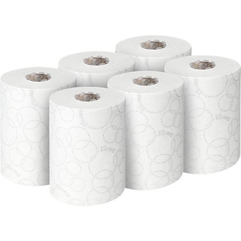 Seis rollos de papel higiénico, blancos con patrones de círculos grises, dispuestos.