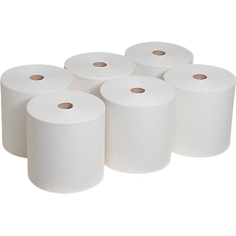 Seis rollos de papel blanco. Cilíndricos, de pie con un núcleo marrón.