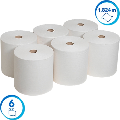 Seis rollos de papel blanco, dispuestos en círculo. Los números 6 y 1,824 m están indicados en círculos azules.