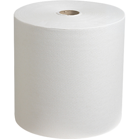 Rollo grande de papel blanco. Centrado con un núcleo marrón.