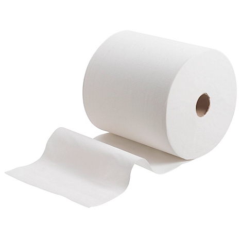 Rollo grande de toallas de papel blancas, con una hoja extraída. El fondo es blanco.