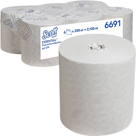 Toallas de papel enrolladas, Scott Essential, 6 piezas, 350 m cada una. Toalla individual frente al paquete.