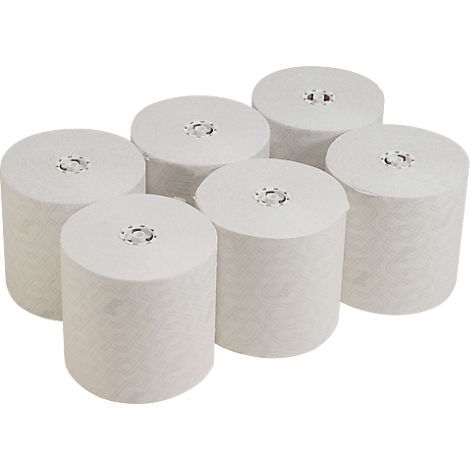 Seis rollos de papel blanco uno al lado del otro, con núcleos visibles. Los rollos individuales son cilíndricos, textura visible.