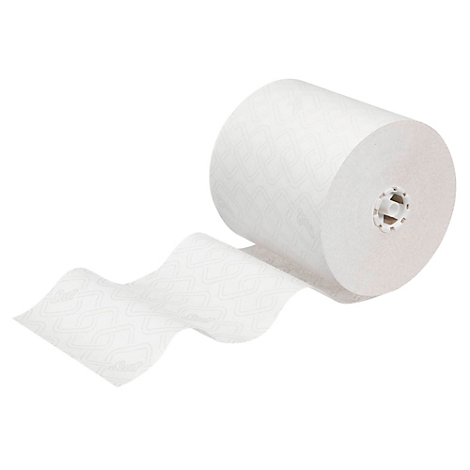 Rollo de toallas de papel sobre un fondo blanco, una hoja se desenrolla.