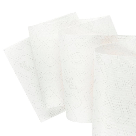 Toallas de papel blancas desplegadas. El patrón muestra rectángulos punteados. La marca "Scott" se puede ver varias veces.