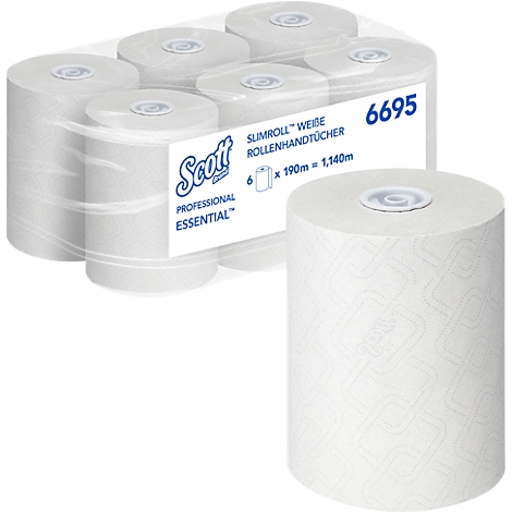 Rollos de papel de cocina en embalaje, uno de pie.
