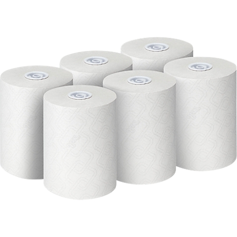 Seis rollos de papel de cocina blanco dispuestos sobre un fondo neutro.