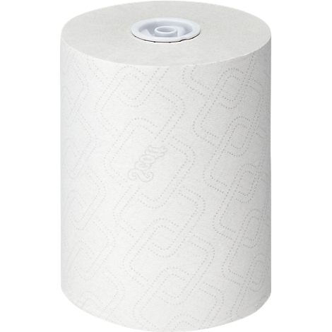 Rollo cilíndrico de toallas de papel blancas con relieve, rematado con un inserto blanco.