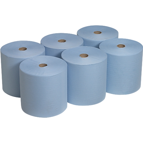 Seis rollos de papel de limpieza azul claro sobre un fondo blanco. Cada rollo tiene un núcleo de cartón marrón.