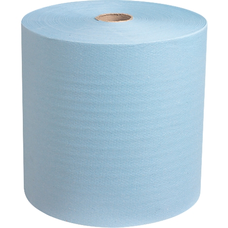 Papel en rollo azul, de pie. Papel con finas líneas horizontales y un núcleo marrón.