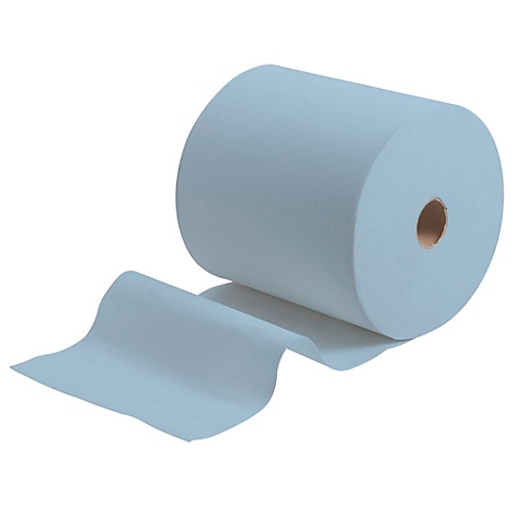 Una toalla de papel azul claro en un rollo, se está desenrollando una hoja.