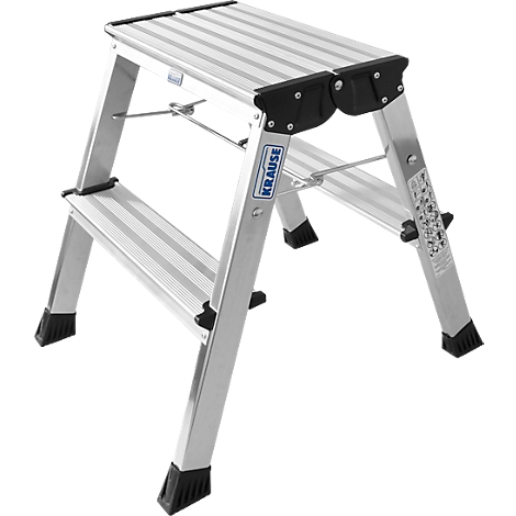 A silver step ladder with two steps. Black plastic elements and the Krause logo are visible.