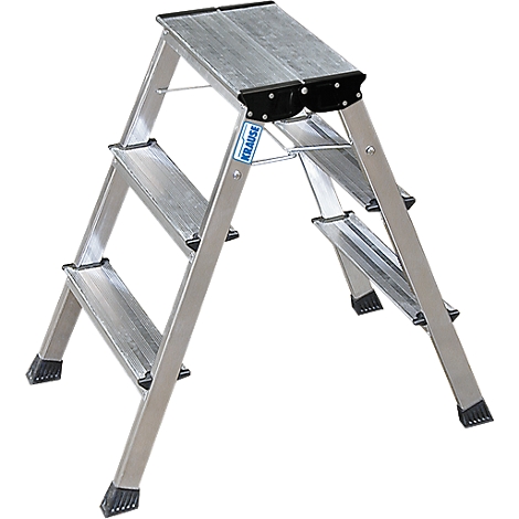 Three-step aluminum step ladder, bird's eye view. Inscription KRAUSE.