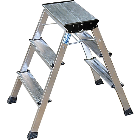 Silver step ladder, brand Krause. Three steps, black rubber feet, blue logo.