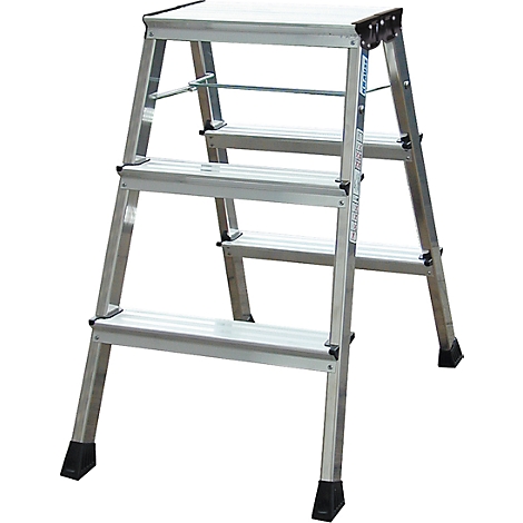 A silver freestanding step ladder with three steps and black feet. There is lettering on the sides.