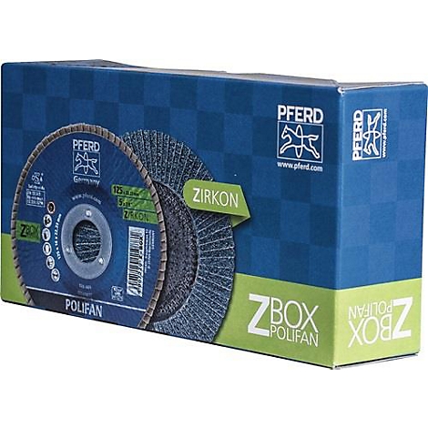 Boîte de disques à meuler ZBox POLIFAN. Boîte bleue avec produit et logo de la marque.