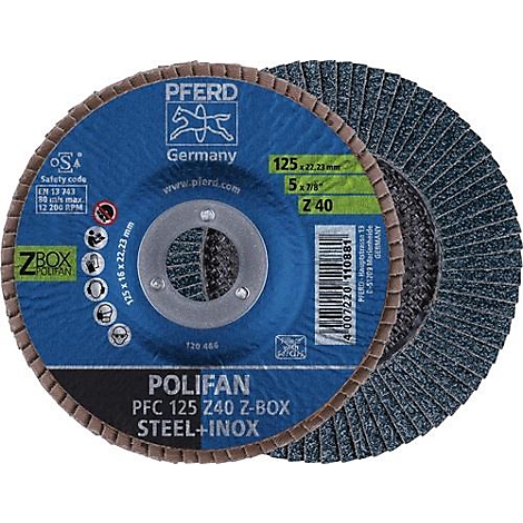 Deux disques de meulage bleus avec des impressions telles que "PFERD", "POLIFAN" et des données techniques.