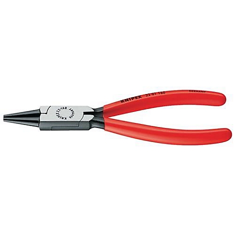 Ronde punttang met rode handgrepen. Gereedschap met zilveren kop en zwarte punt. Opschrift KNIPEX.