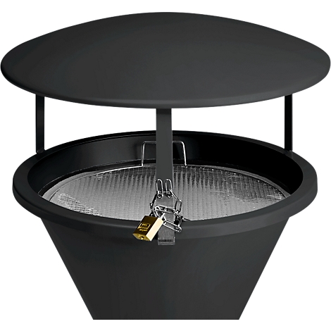 A black trash can with a lid. A gold padlock secures the contents.