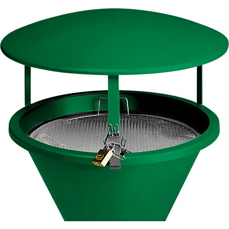 Green, locked trash can with lid. The lock is gold.