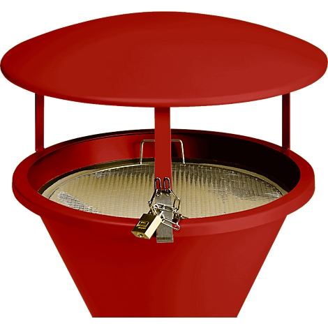 A red, conically tapering ashtray, with a lid and a device for closing with a padlock.