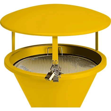 Yellow trash can with lid and grill. Lid with retaining struts, locked by padlocks.