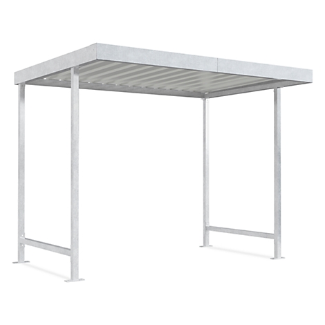 Metal shelter with rectangular roof and four posts, isolated on white background.