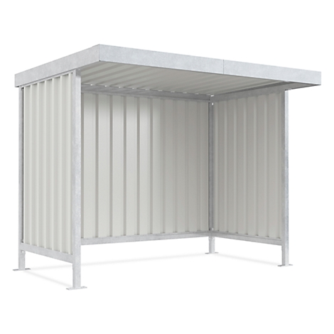 A silver-colored covered waiting area with corrugated walls.