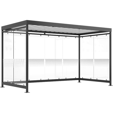 Modern bus stop with glass walls and a metal frame. The walls are structured by dotted patterns. The roof is also made of metal.