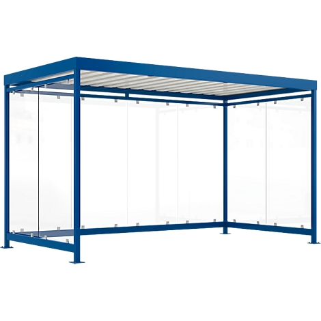 Blue and white bus shelter with glass walls.