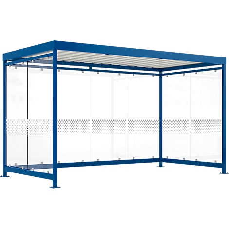 Blue bus stop with glass walls and a dot design. Roof with white corrugated metal.