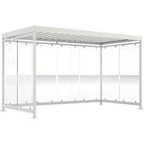 White pergola with glass walls, decorated with a dotted pattern.